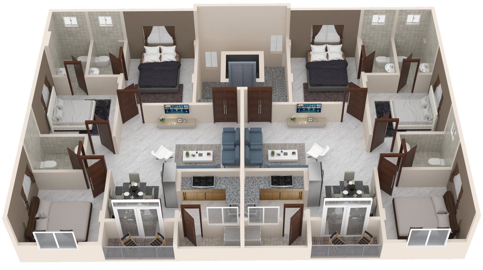 Cutaway view of a typical floor with the roofs removed, showing furnished bedrooms, living rooms and kitchens across all three flats