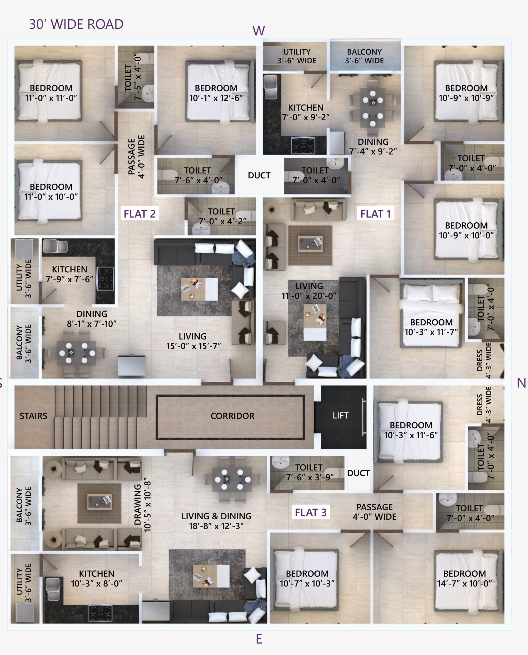 Typical floor plate of Mohammed Ali Fort, showing Flat 1 and Flat 2 to the north and west and Flat 3 across the south, around a central corridor with the stairs and lift